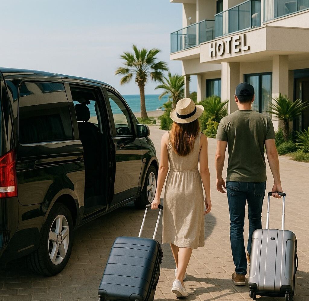 Couple carrying luggage being dropped off in front of a seaside hotel by a Mercedes Vito, sliding door on the left rear side, people facing away walking towards the hotel